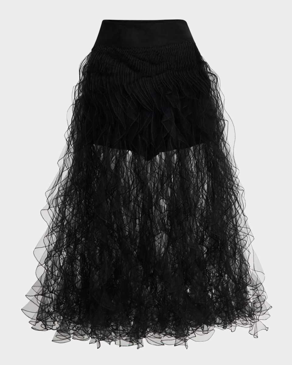 Cascading-Ruffles Tulle Midi Skirt
